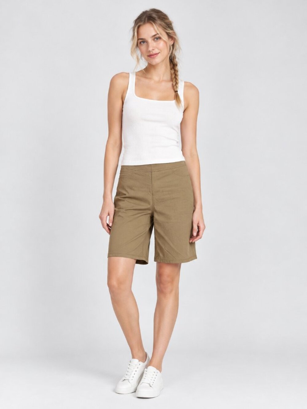 2/$30 TAHARI Fancy Pullon Bermuda Short Faux Fly Pockets High Rise Khaki #A4294